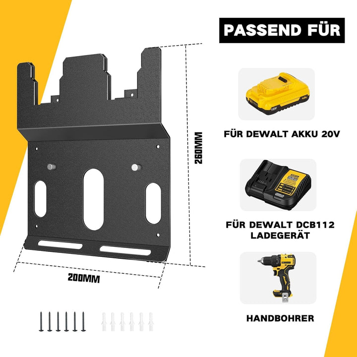 JYiuog Wandhalterung für DeWalt 20V Akku und DCB112 Ladegerät, robuster Metall Schwarz 2 Akkuhalter