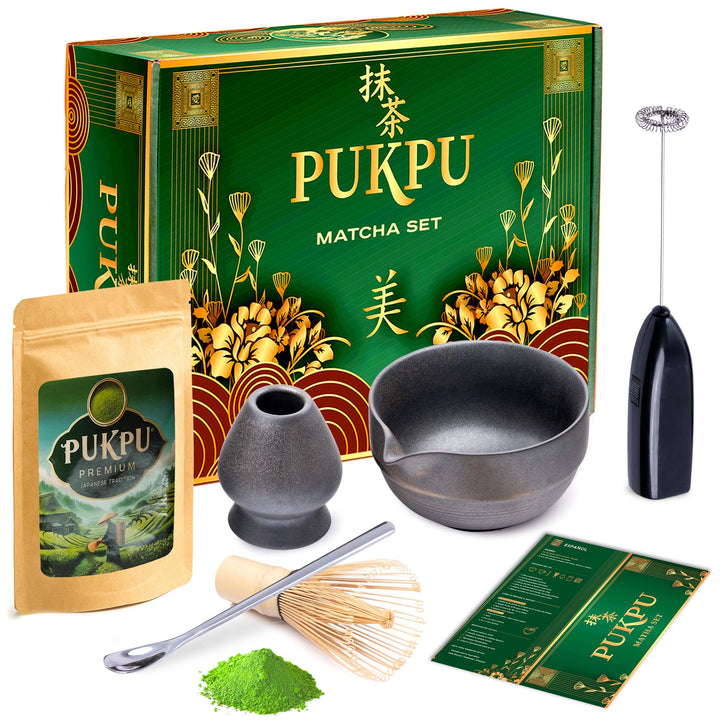 Matcha Tee Set – Japanisches Ceremonial Set mit Matcha Pulver, Elektrischer Matcha Besen, Bambus Cha