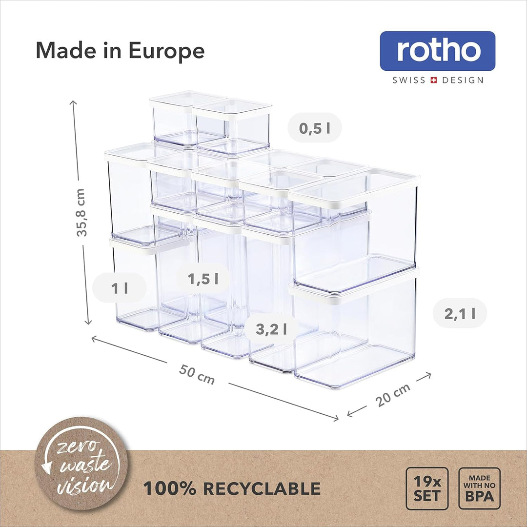 Rotho LOFT 19-Set Vorratsdosen mit Deckel, stapelbar, aromadicht, spülmaschinenfest (Transparent/Wei
