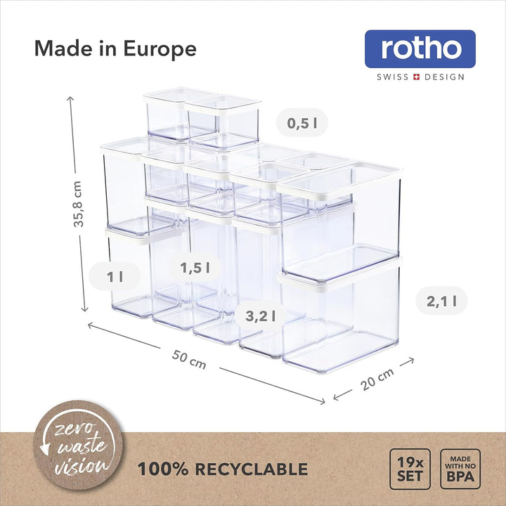 Rotho LOFT 19-Set Vorratsdosen mit Deckel, stapelbar, aromadicht, spülmaschinenfest (Transparent/Wei