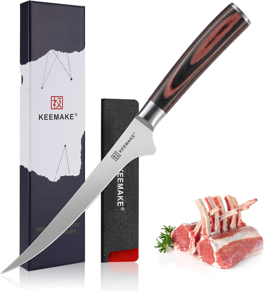 KEEMAKE Filetiermesser 15 cm, Profi Fischmesser Ausbeinmesser mit Ergonomischem Pakkaholz-Griff, Küc