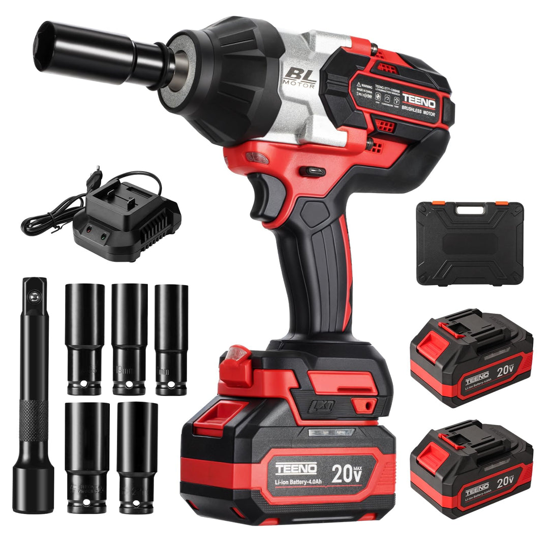 TEENO 1/2 Zoll Akku-Schlagschrauber Brushless, 1300 N·m Drehmoment, 2×4,0 Ah Akkus, inkl mit 5 Steck