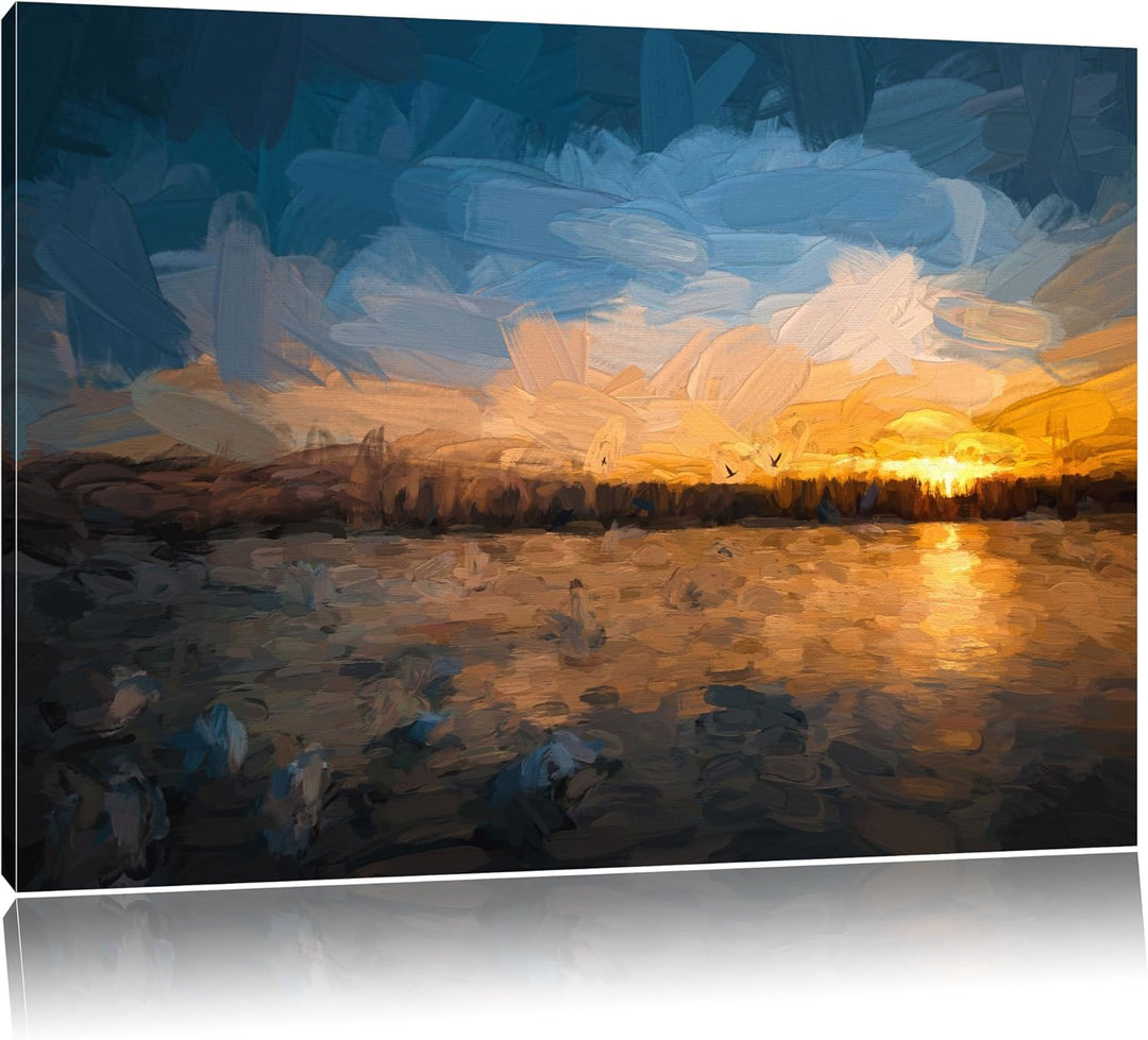 Pixxprint Schwäne im Sonnenuntergang als Leinwandbild/Grösse: 100x70 cm/Wandbild/Kunstdruck/fertig b