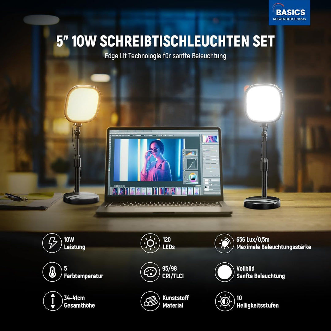 NEEWER Basics 2er 5" Tisch Videolicht für Videoanrufe, CRI95 Vollbild LED Ringlicht mit Ständer, 10W
