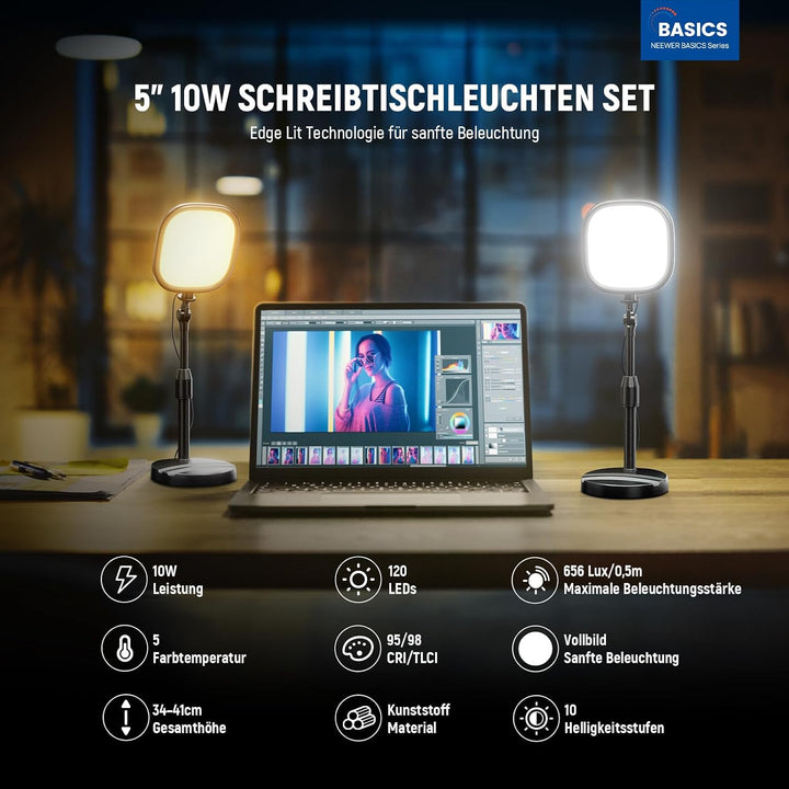 NEEWER Basics 2er 5" Tisch Videolicht für Videoanrufe, CRI95 Vollbild LED Ringlicht mit Ständer, 10W