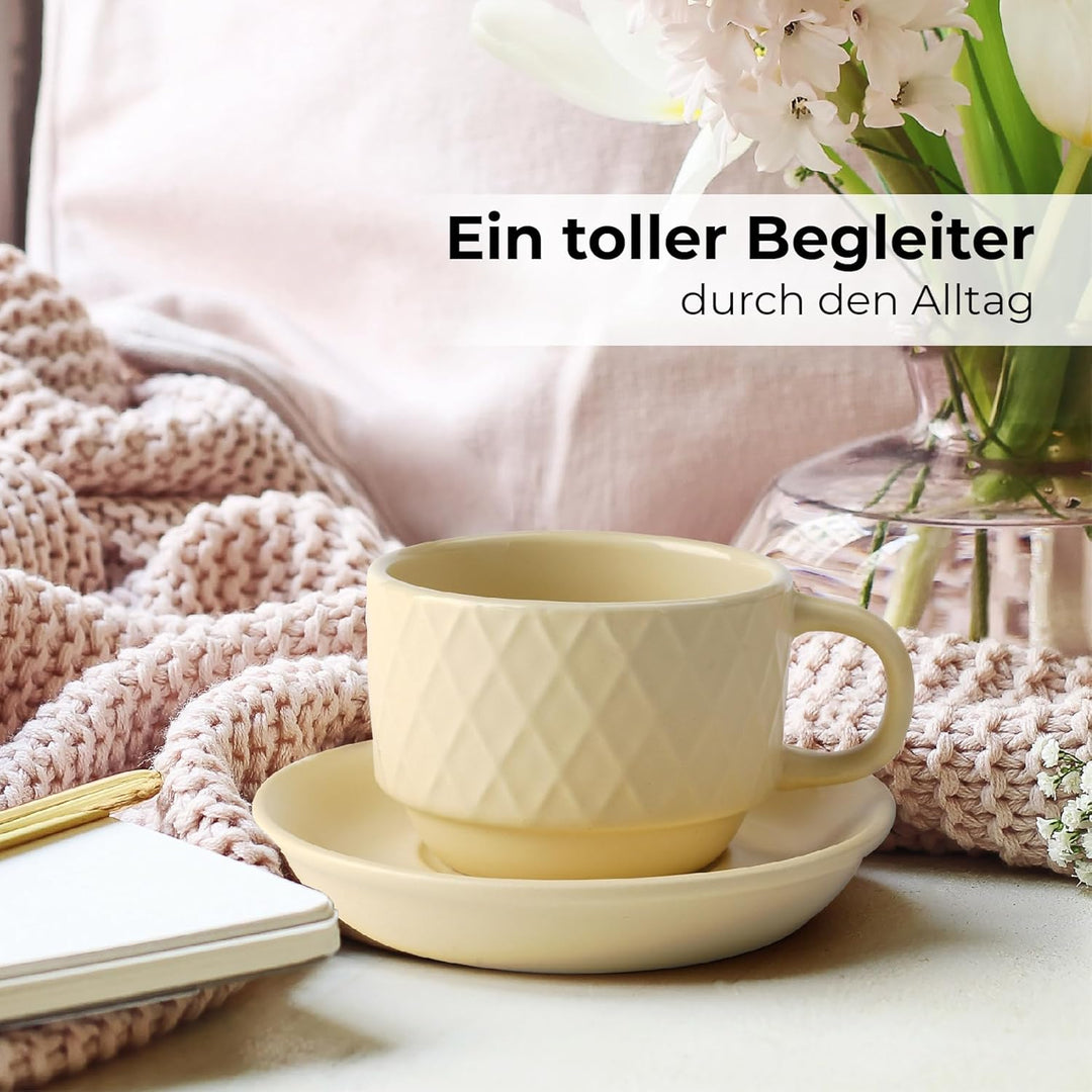 MIAMIO – 6 x 75 ml Espresso Tassen/Espressotassen Set mit Ständer Steingut Keramik - Palmanova Kolle
