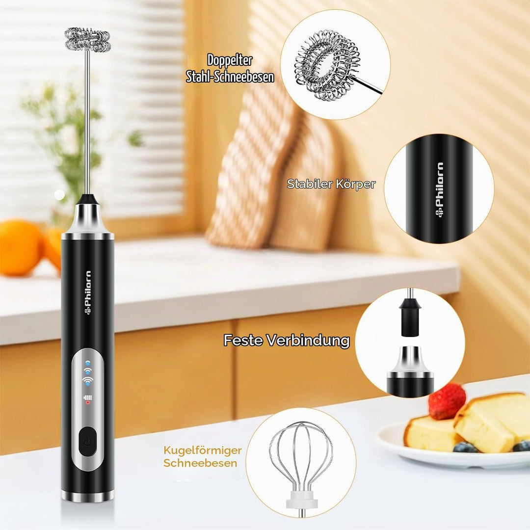 Philorn Milchaufschäumer Stab, Milchaufschäumer Elektrisch Stab Hand Held, 3-Gang USB-C Aufladbar Au