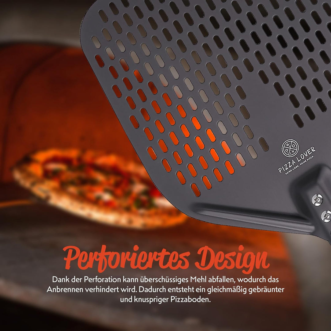 Pizza Lover® hochwertiger Pizzaschieber perforiert 35 x 35 cm Pizzaschaufel aus harteloxiertem Alumi