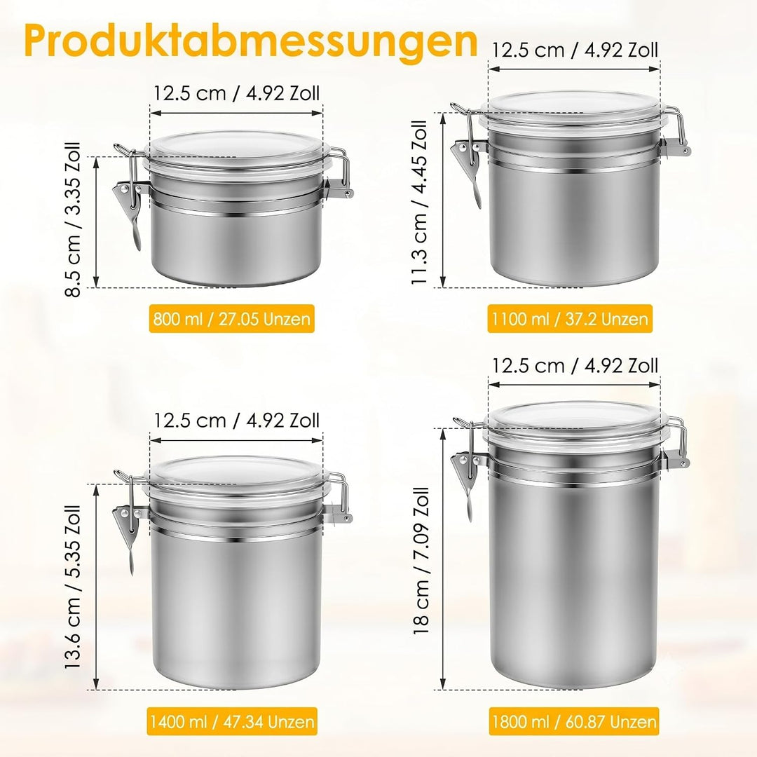 4 Stück Kaffeedose Luftdicht mit Sichtfenster und Silikondichtung | 100% Luftdicht, Premium Edelstah
