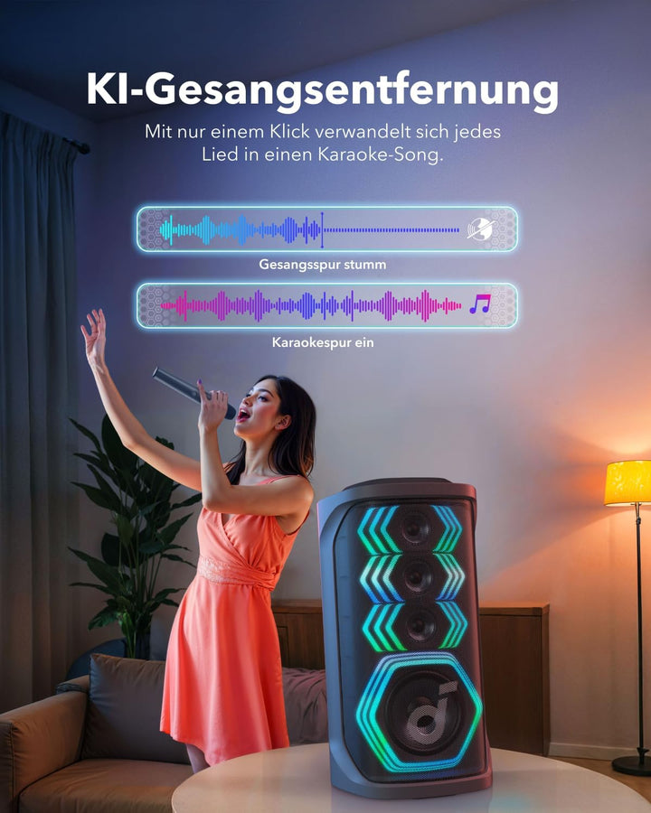 soundcore Rave 3 KI Karaoke-Lautsprecher mit 2 kabellosen Mikrofonen,160W Sound,KI-Stimmentfernung,S