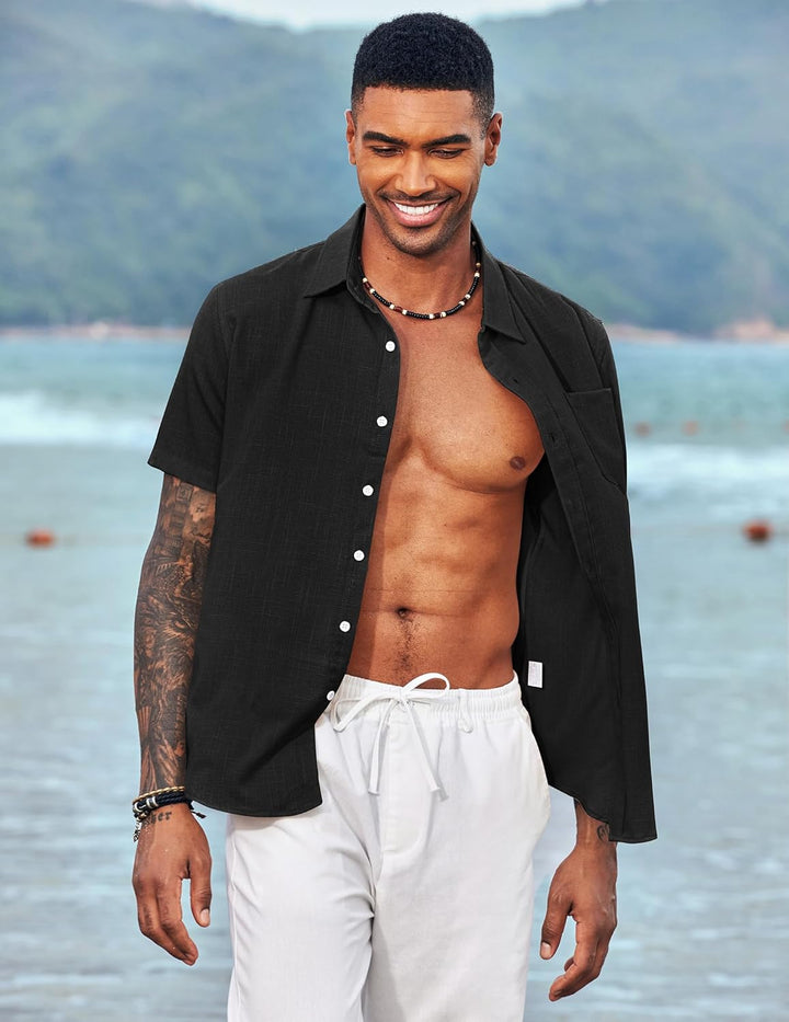 COOFANDY Hemd Herren Kurzarm Leinenhemd Leicht Sommerhemd Freizeithemd Strandhemd Kurzarmhemd L 01-s