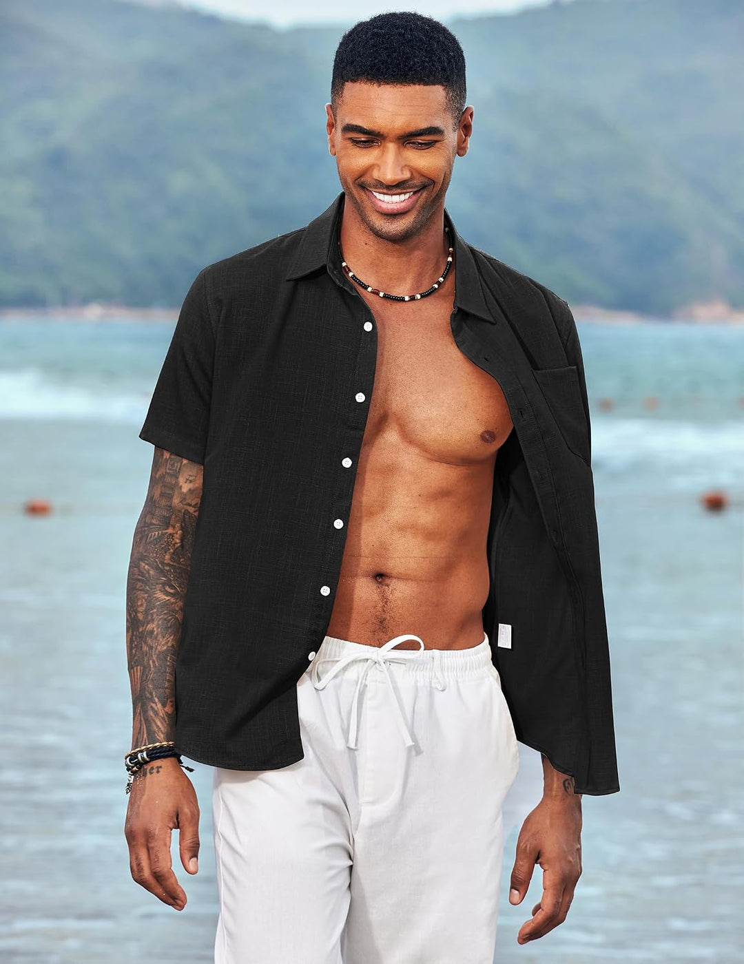 COOFANDY Hemd Herren Kurzarm Leinenhemd Leicht Sommerhemd Freizeithemd Strandhemd Kurzarmhemd L 01-s
