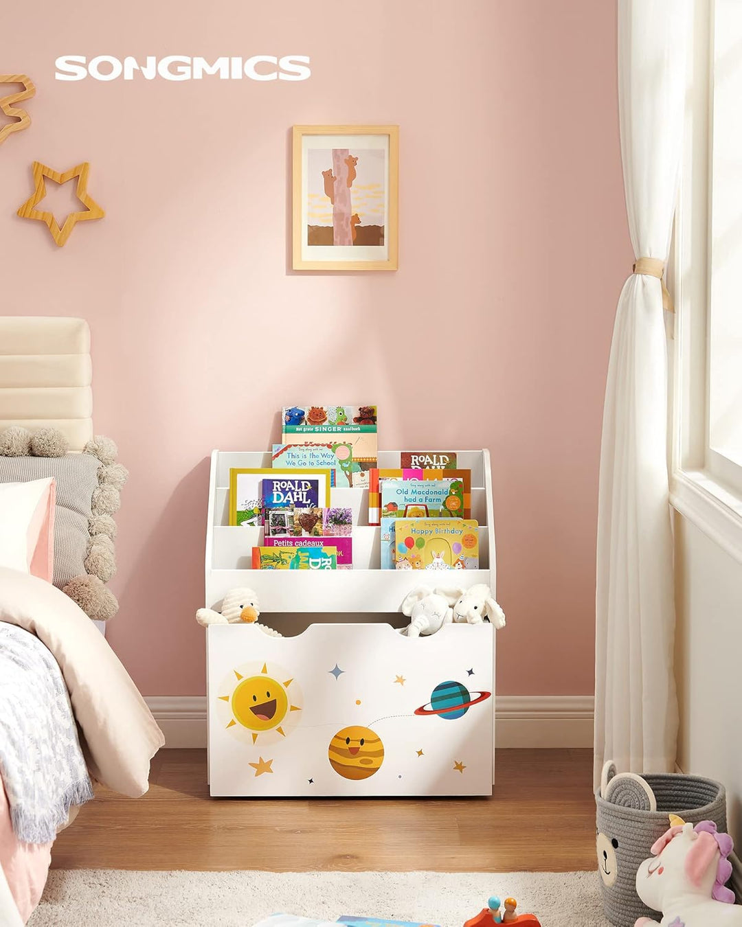 SONGMICS Spielzeugregal, Bücherregal für Kinder, Kinderzimmerregal mit 3 Fächern und herausziehbarer