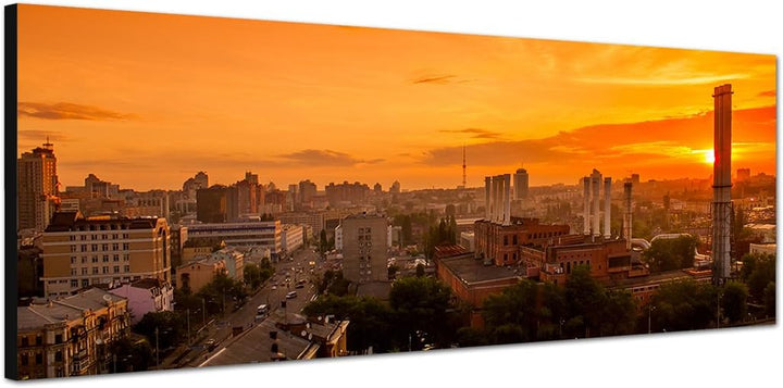Paul Sinus Art Panoramabild auf Leinwand und Keilrahmen 150x50cm Stadt Gebäude Türme Sonnenuntergang