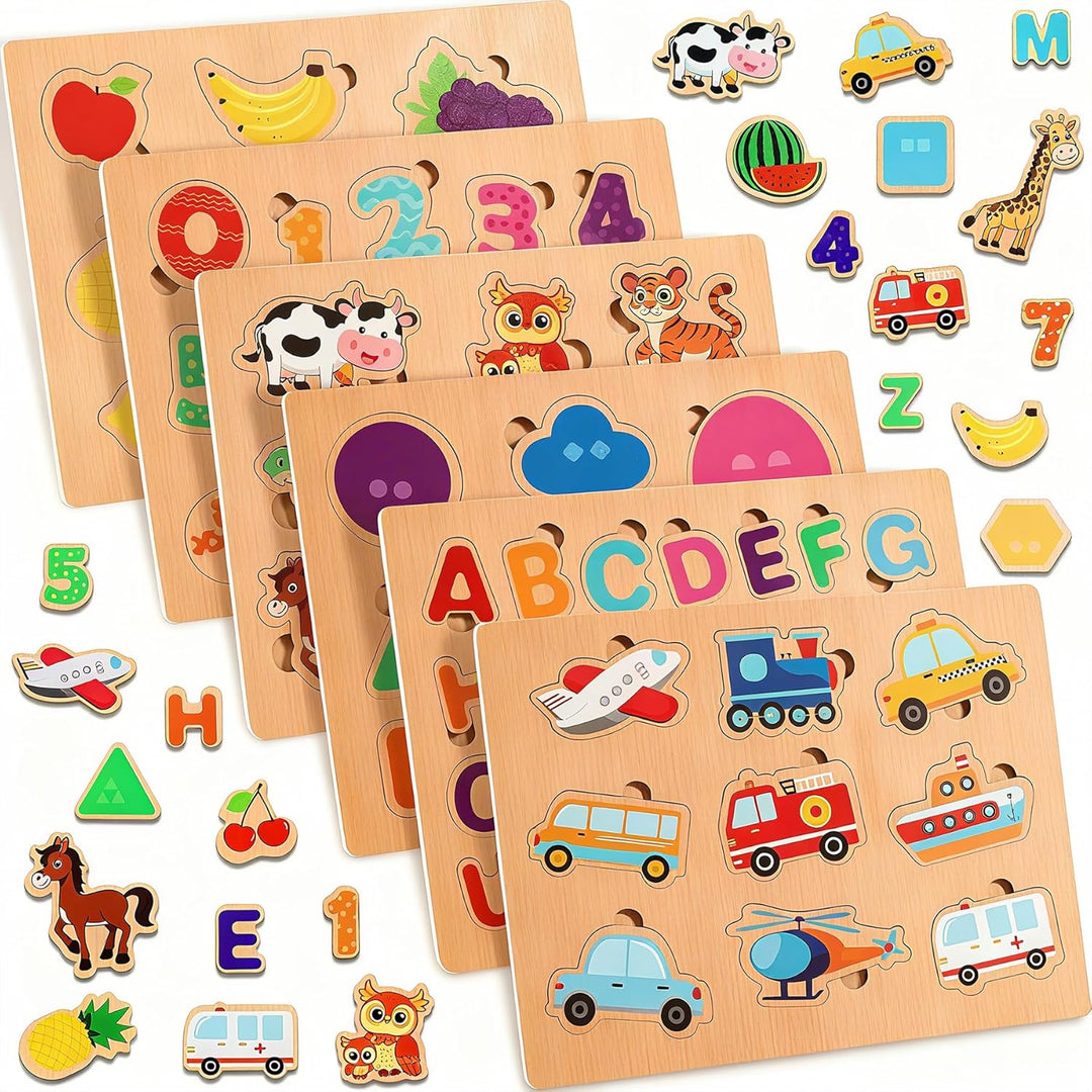 lenbest 6er Set Kinder Holzpuzzle - Montessori Spielzeug - Tier Alphabet Nummer Fahrzeuge Form Fruch