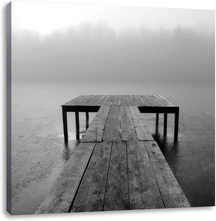 Steg am See Nebel, Format: 70x70 auf Leinwand, XXL riesige Bilder fertig gerahmt mit Keilrahmen, Kun