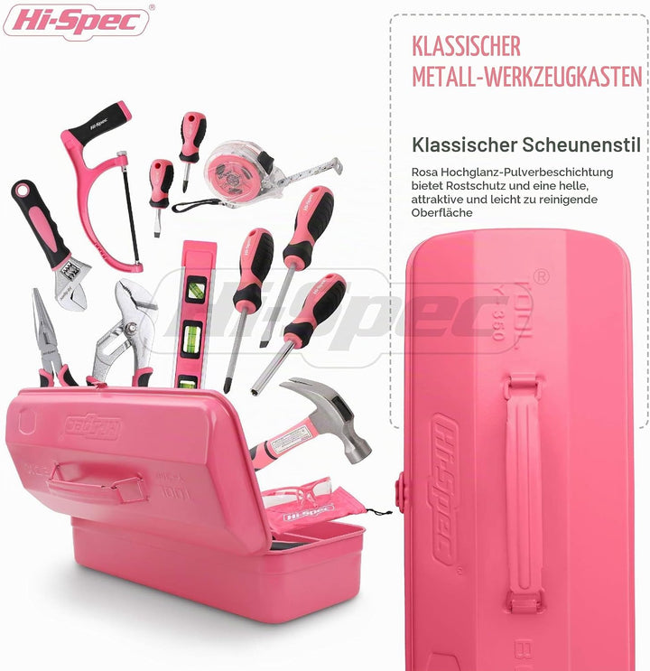 Hi-Spec Retro Pink Rosa Werkzeugkiste mit einer vielzahl von Pinken Werkzeugen die jede Frau braucht