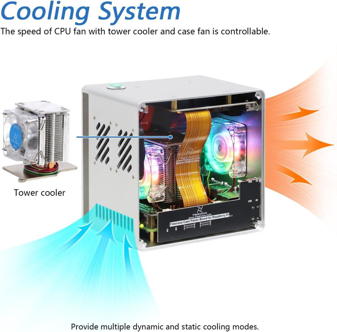 FREENOVE NAS Case for Raspberry Pi 5 (NOT Included), Quad M.2 NVMe SSD Slots, PWM ARGB Fans Light Sy