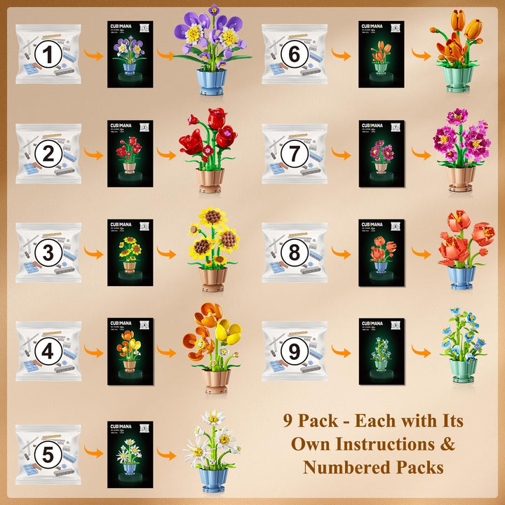 9 Blumen Bausatz 3,6MM Mini Bausteine Botanicals Collection Bausteinspielzeug, Künstliche Blumenpfla
