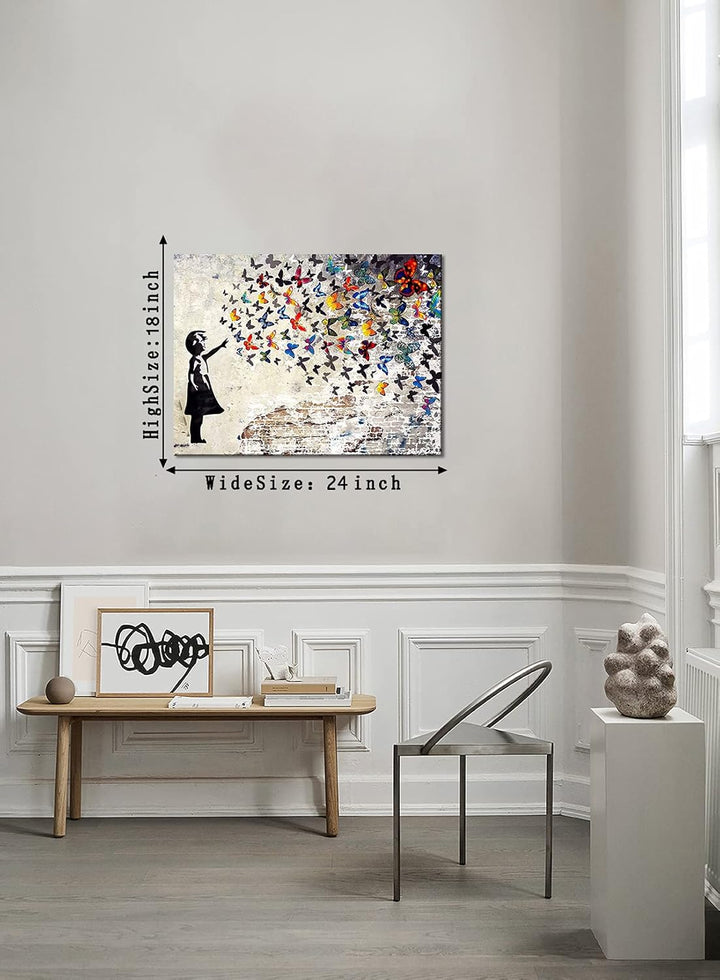 Graffiti-Strassen-Wandkunst, Banksy-Gemälde, Kunstwerk, gross, gerahmt, Graffiti-Mädchen mit Schmett