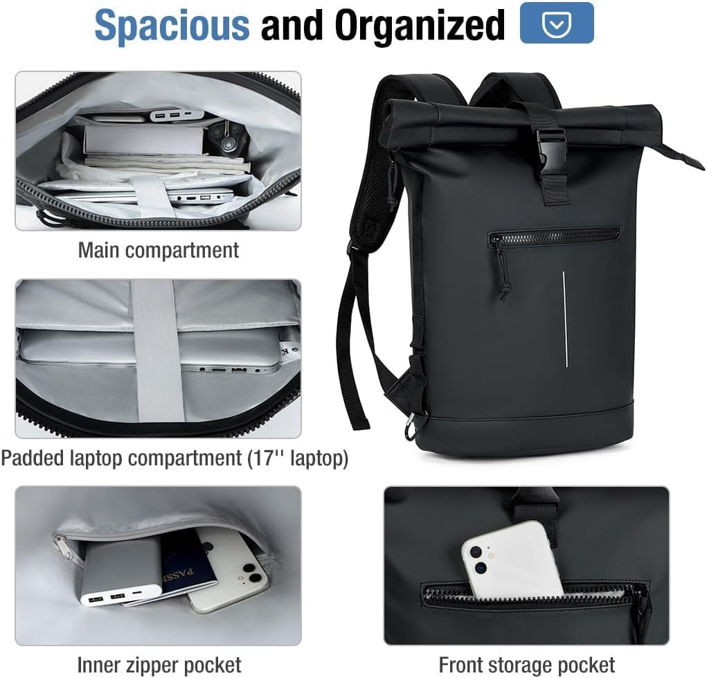 Lekeinchi Rolltop Rucksack Wasserdicht für Damen &amp; Herren, Grosser, mit Computerfach für 17 Zoll Lap