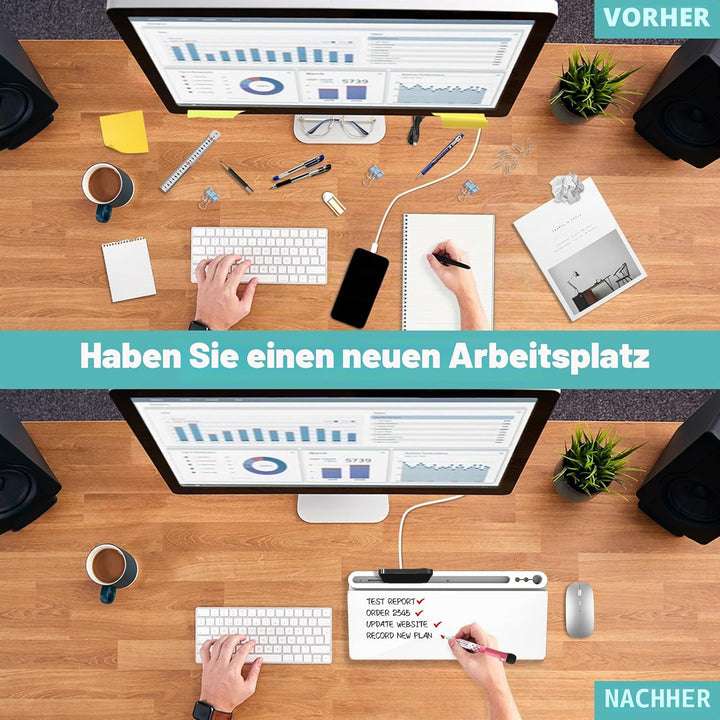 Schreibtisch Desk Organizer Whiteboard - Für kurze Notizen & Erinnerungen, Aus weissem Glas mit Schu
