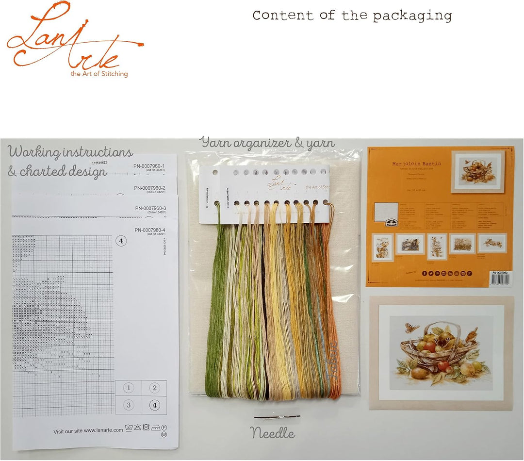 LANARTE PN Zählmusterpackung Korb mit Äpfeln Kreuzstichpackung, Baumwolle, Mehrfarbig, 39 x 29 x 0.3