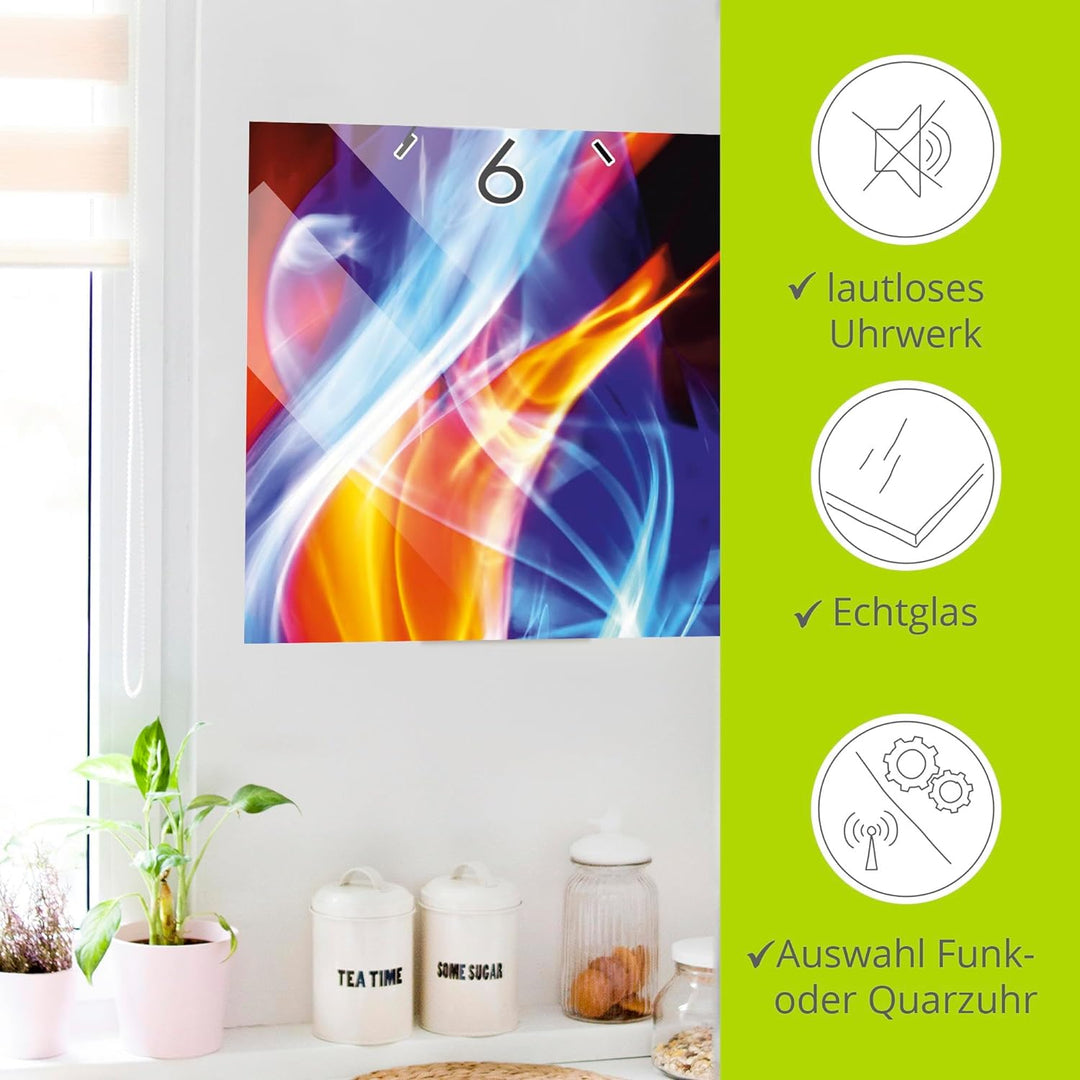 ARTLAND Wanduhr ohne Tickgeräusche Glas Funk Uhr 20x60 cm Rechteckig Lautlos Abstrakte Bilder Flamme