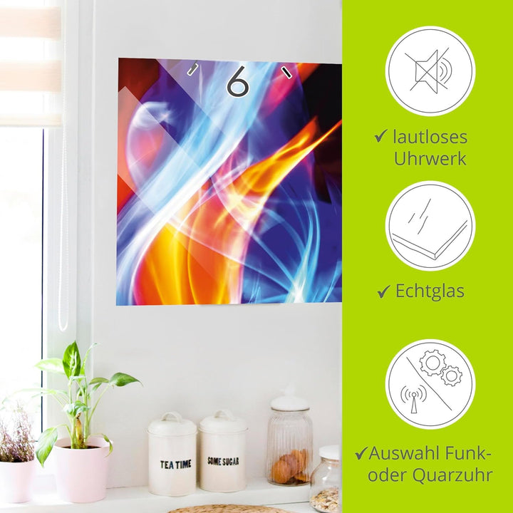 ARTLAND Wanduhr ohne Tickgeräusche Glas Funk Uhr 20x60 cm Rechteckig Lautlos Abstrakte Bilder Flamme