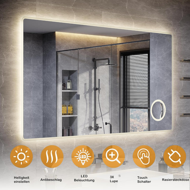 LED Badspiegel 120 x 70 cm Spiegel Bad mit Beleuchtung, 3 Farbe modi, Steckdose, 3X Lupe, Anti-Besch