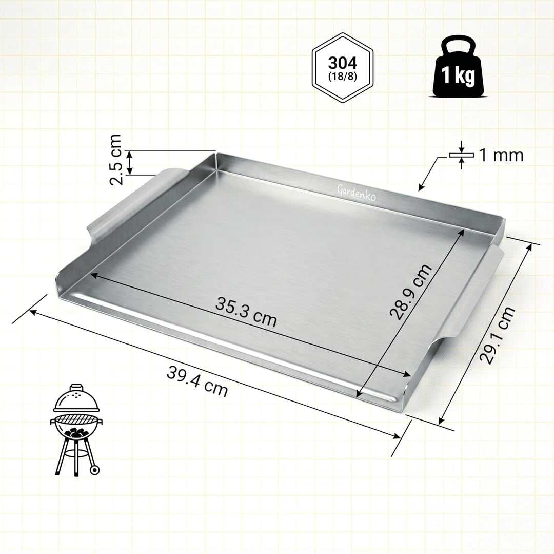 Grillplatte für Kohlegrill aus 1 mm rostfreiem Edelstahl - 39,4x29,1 cm, 1 kg - Universelle Plancha