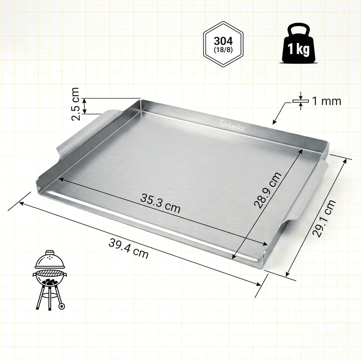 Grillplatte für Kohlegrill aus 1 mm rostfreiem Edelstahl - 39,4x29,1 cm, 1 kg - Universelle Plancha