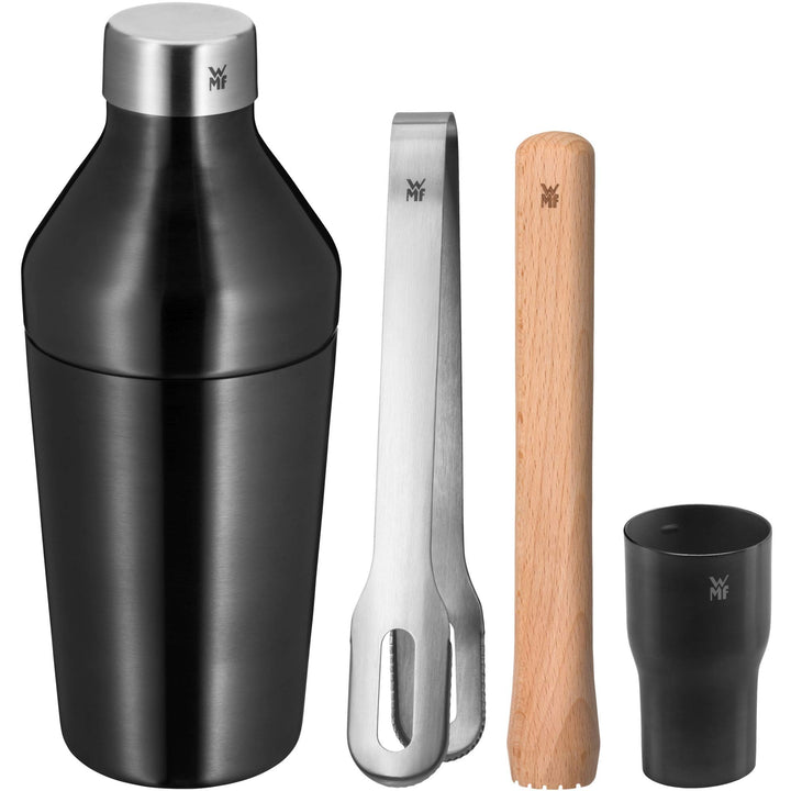 WMF Baric Cocktail Set 4-teilig, Barset mit Edelstahl Cocktail Shaker, Barmass, Eiszange, Holz Stöss