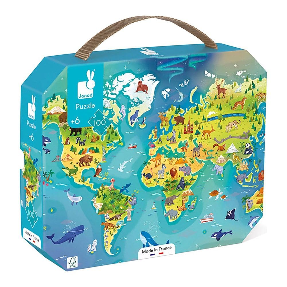 Janod - Kinderpuzzle Die Welt 100 Teile - Lernspiel Feinmotorik und Konzentration - Koffer mit Griff