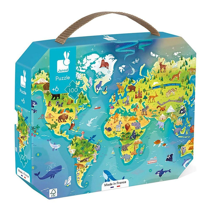 Janod - Kinderpuzzle Die Welt 100 Teile - Lernspiel Feinmotorik und Konzentration - Koffer mit Griff