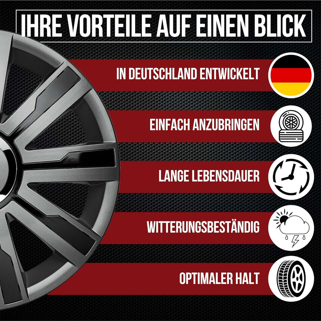 Albrecht 16 Zoll Radkappen schwarz/grau für Stahlfelgen - Mirage Radzierblenden aus hochwertigem Kun
