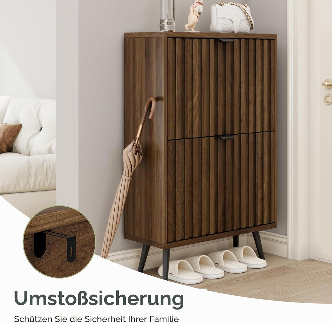 Smuxee Schuhschrank mit 2 Klappschubladen, 23,6 Zoll (60 cm) Nussbaum Holz Schuhschrank mit geriffel