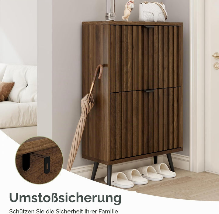 Smuxee Schuhschrank mit 2 Klappschubladen, 23,6 Zoll (60 cm) Nussbaum Holz Schuhschrank mit geriffel