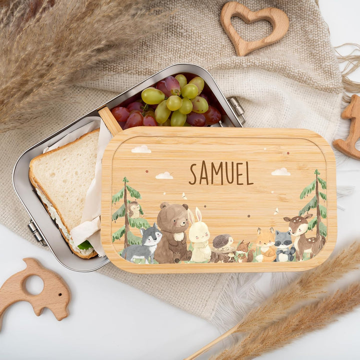 Kidsmood - Personalisierte Brotdose Kinder mit Fächern, Edelstahl Lunchbox mit Bambusdeckel | Schads