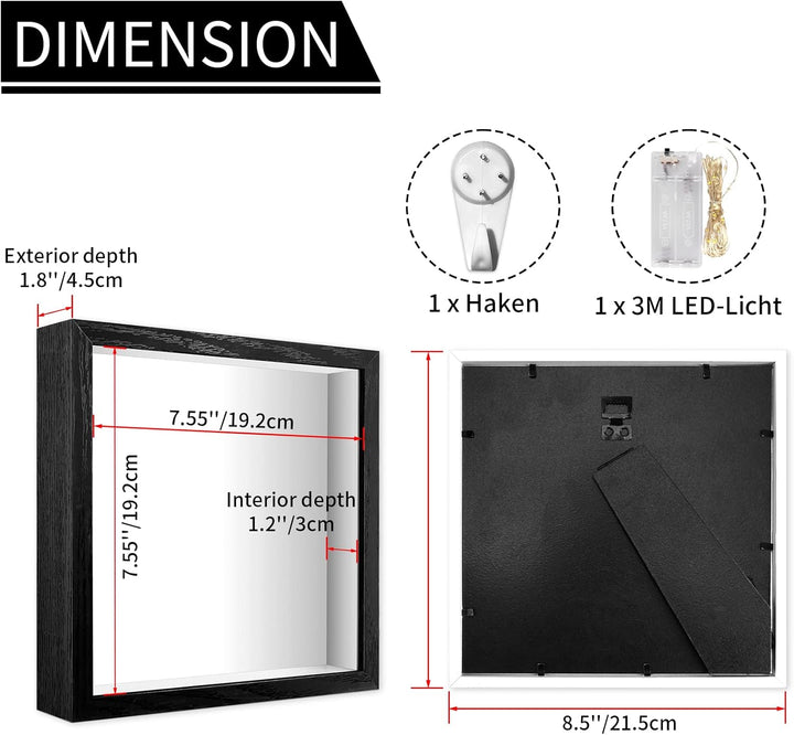 3D Bilderrahmen zum Befüllen 20 x 20cm, Objektrahmen Tief für Objekte bis 3cm, Quadratisch 3D Rahmen