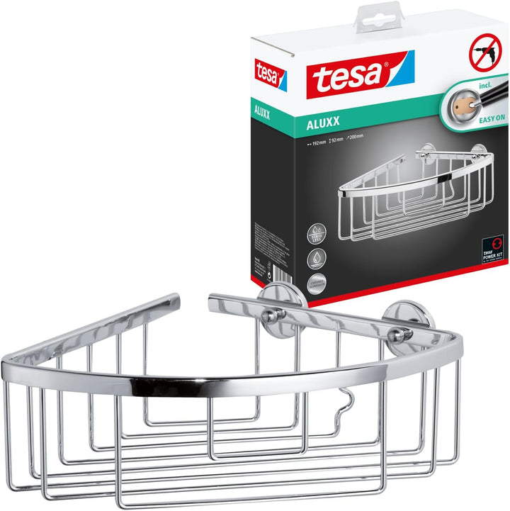 tesa ALUXX Eckduschkorb, Aluminium, verchromt, garantiert rostfrei, inkl. Klebelösung, 207 mm x 202