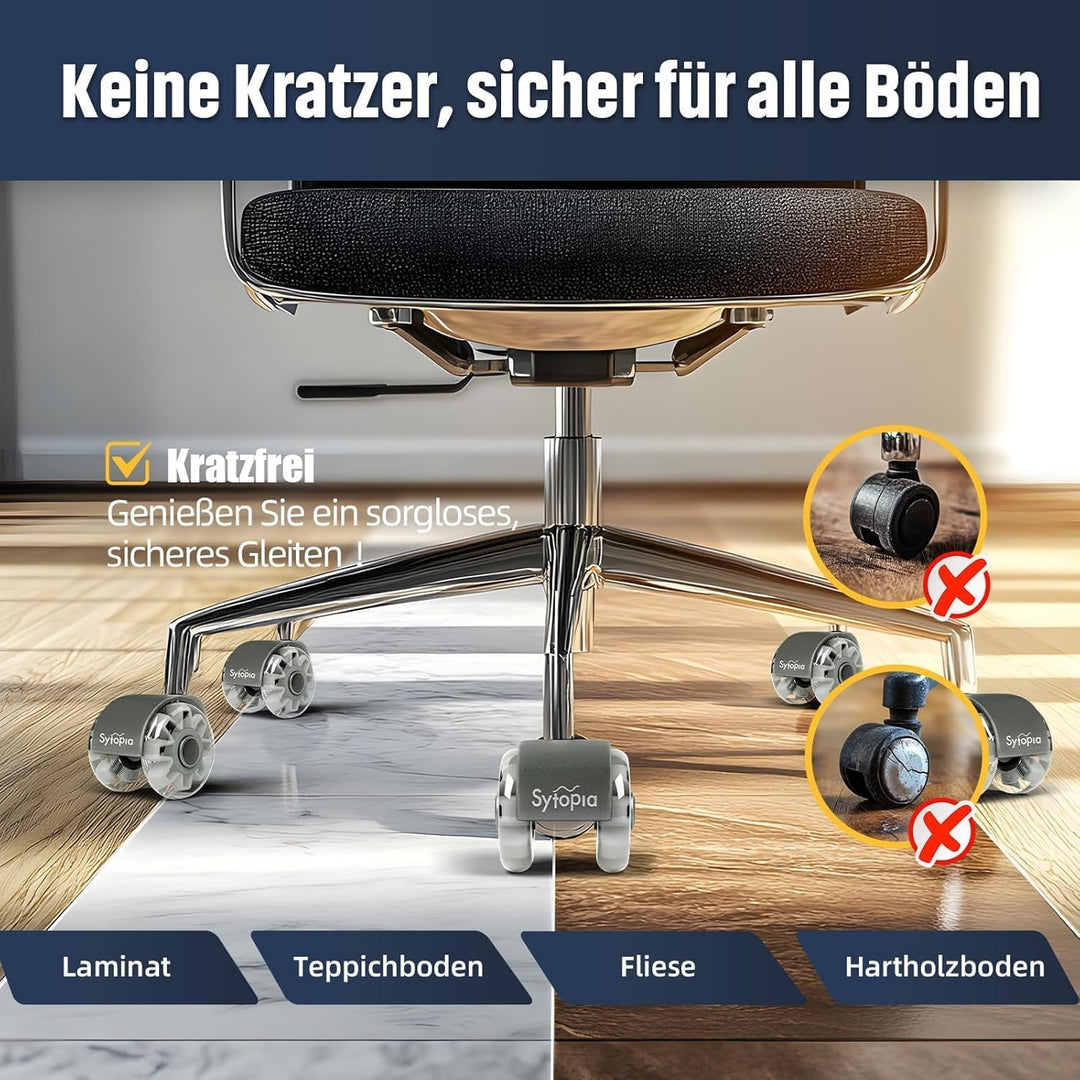 Sytopia Bürostuhl Rollen 70mm 5er Set, 11x22mm Rollen für Bürostühle, Hartboden, Parkett, Bodenschut