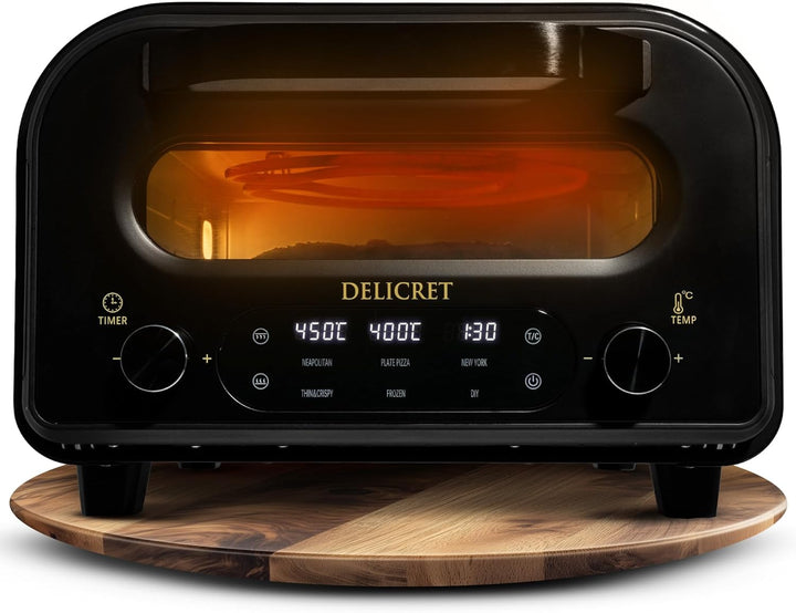 DELICRET elektrischer Pizzaofen 12” mit Pizzaschieber & Pizzateig Deluxe Kit mit San Marzano Tomaten