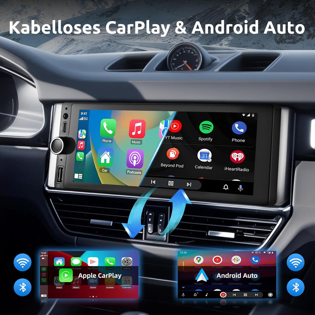 ESSGOO 4+64G Autoradio mit Wireless Carplay und Android Auto, 5, 1Din HD Bildschirm Auto Display Rad