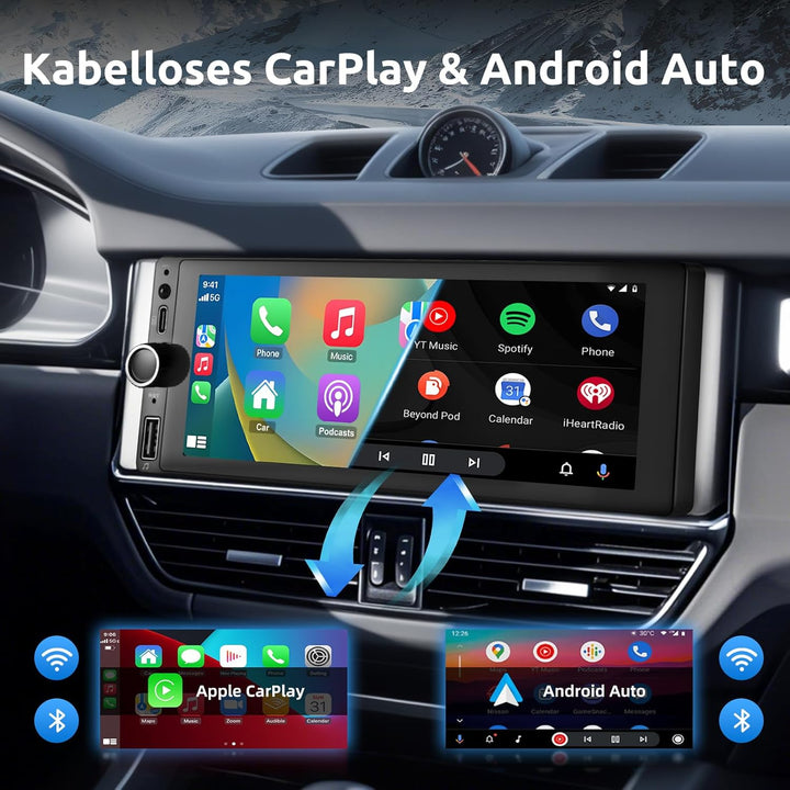 ESSGOO 4+64G Autoradio mit Wireless Carplay und Android Auto, 5, 1Din HD Bildschirm Auto Display Rad