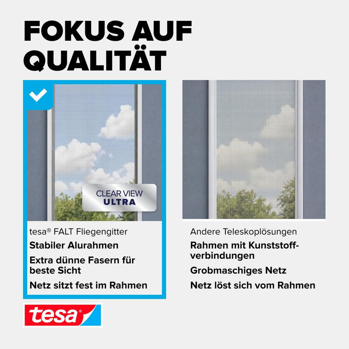 tesa Insect Stop FALT Fenster - Faltbarer Alu-Rahmen - Fliegengitter mit verstellbarem Teleskoprahme