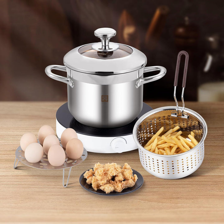 Edelstahl Frittiertopf 4L, Fritteuse mit Sieb und Deckel,Fritteusentopf Dampfgarer Mehrzweck-Kochtop