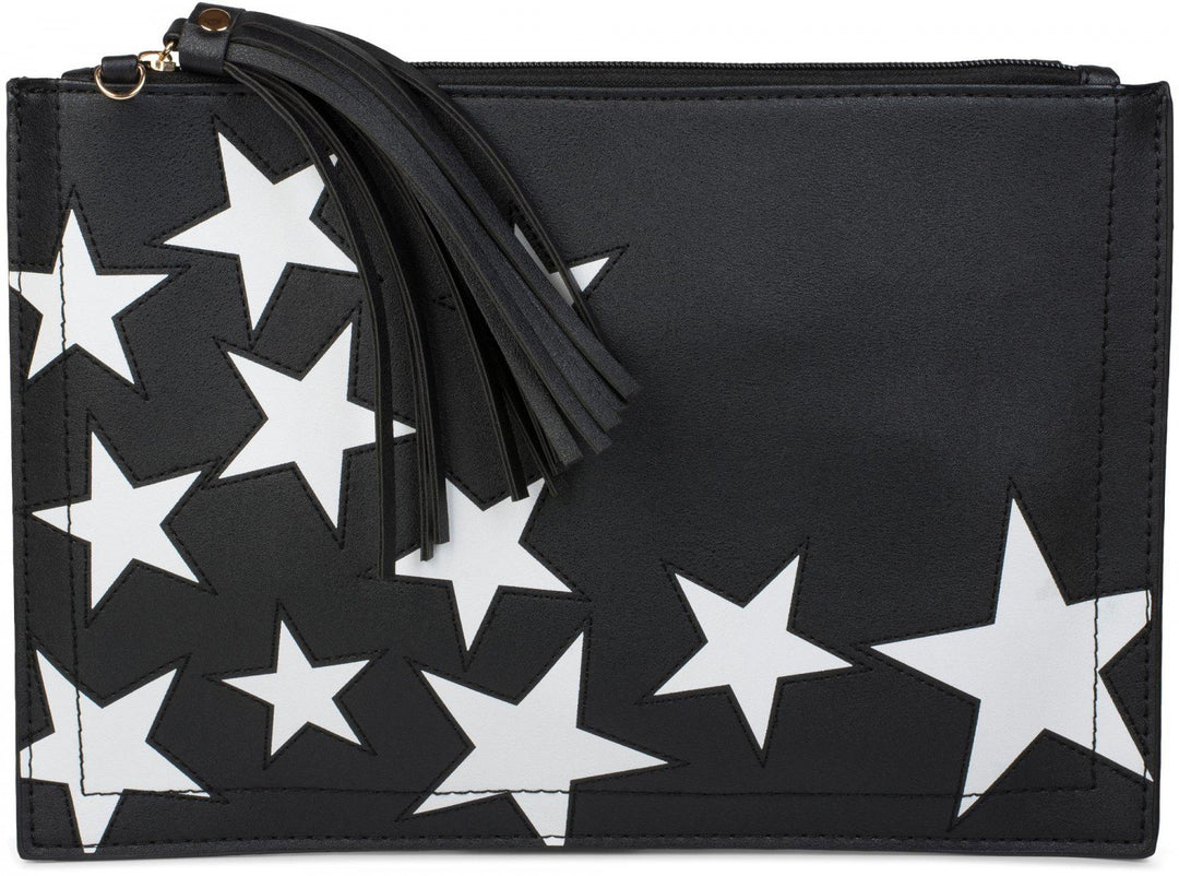 styleBREAKER Clutch mit Sterne Muster, Quasten Anhänger am Reissverschluss, Handschlaufe und Umhänge