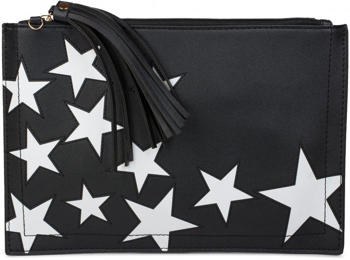 styleBREAKER Clutch mit Sterne Muster, Quasten Anhänger am Reissverschluss, Handschlaufe und Umhänge