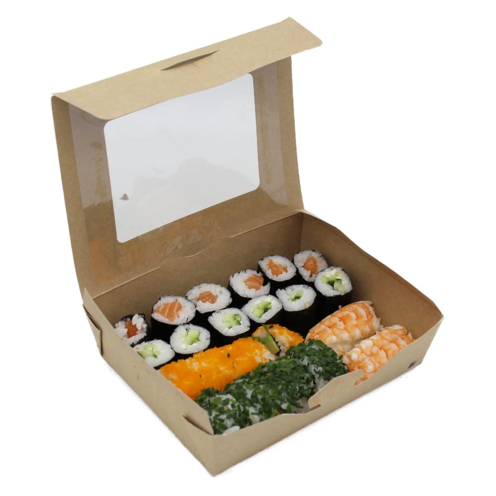 BAMI Sushibox Lebensmittelbox Tortenkarton Sushikarton mit Fenster -SBF412-19,8x13,8x5cm 50 Stück -S